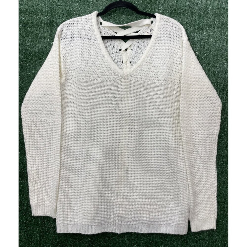 iKnit Sweater Women Top Knitted White Stretch V-neck Size Large
